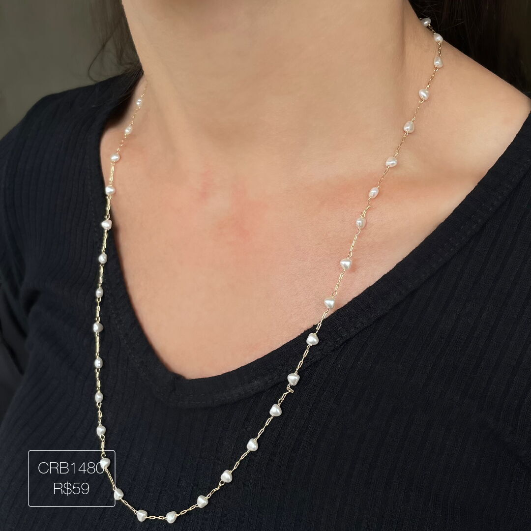 Colar de Pérolas de Coração 60cm Liso Dourado